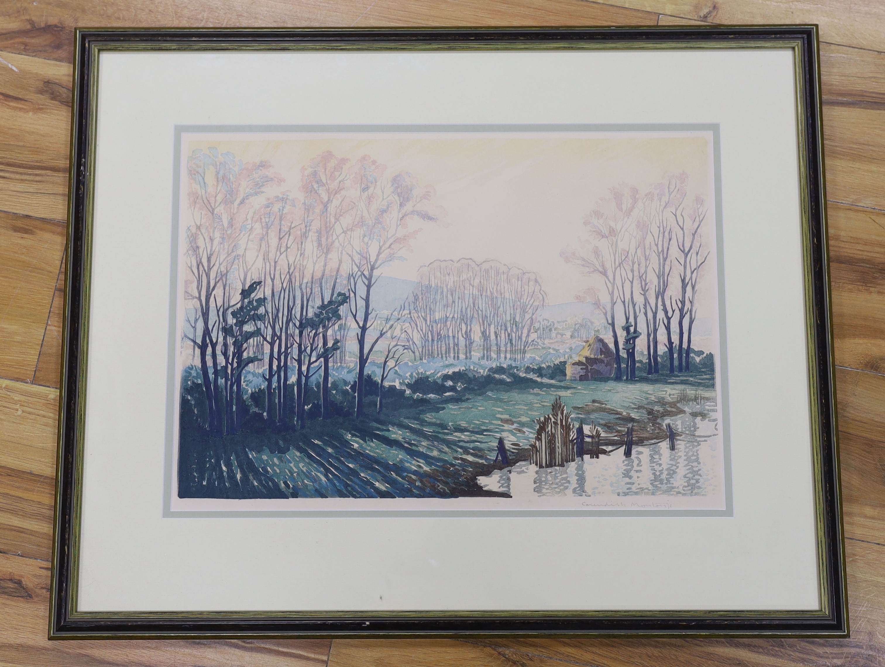 Pair of colour prints, Panoramic river landscape and Woodland, indistinctly signed in pencil possibly Cavendish Morton, 41 x 53cm